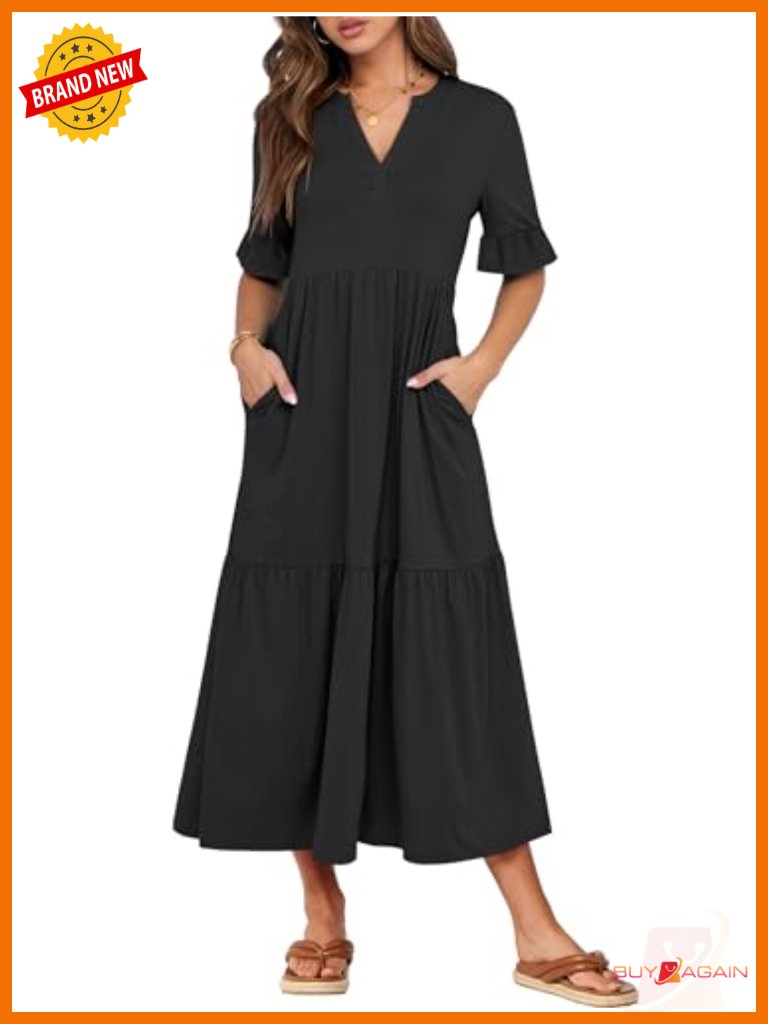 Ruffle Short Sleeve V-Neck Maxi Dress With Pockets Tiered Flowy Beach Boho
